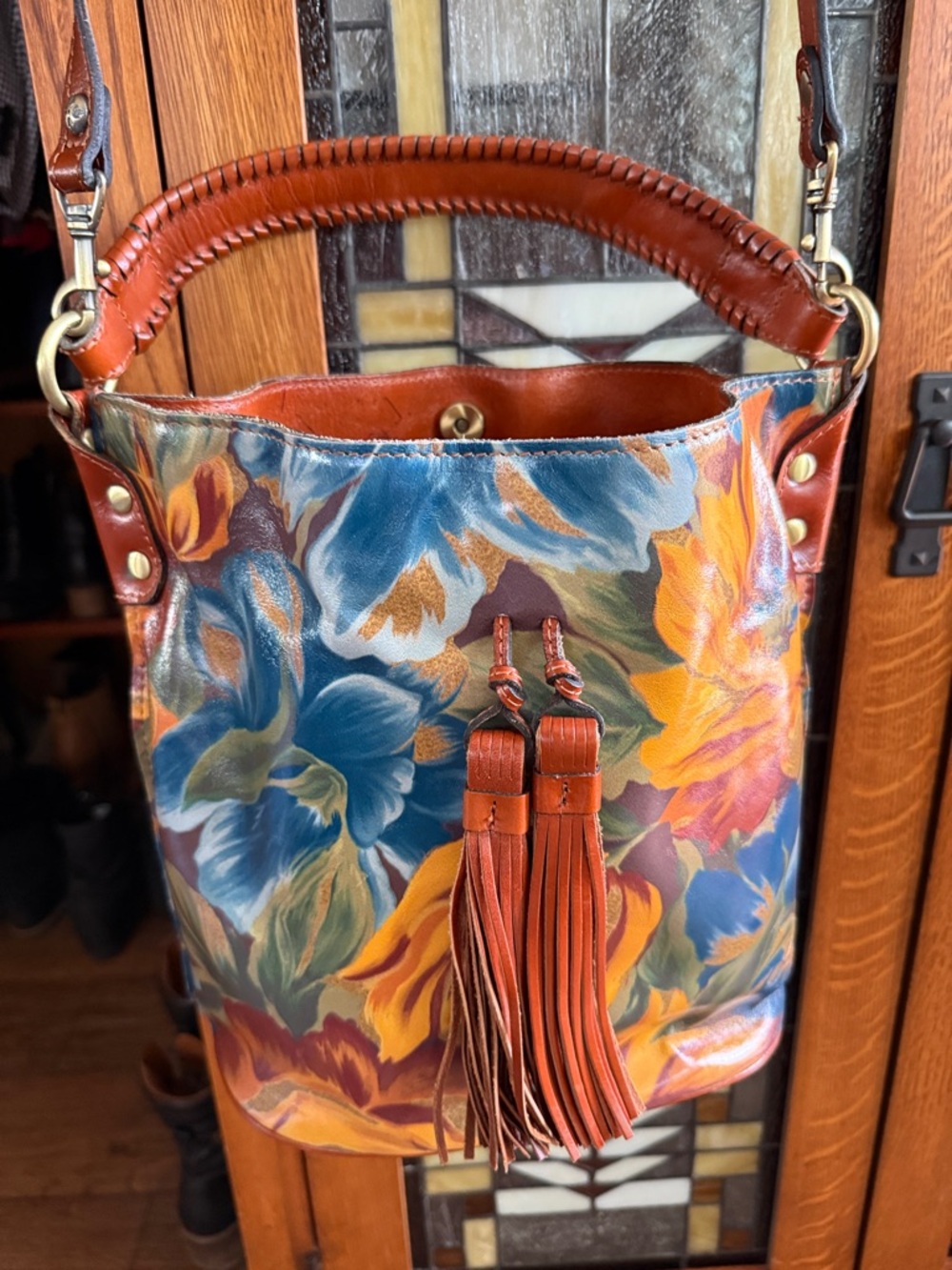 Patricia Nash Multicolor Floral Leather Tassel Bucket Bag